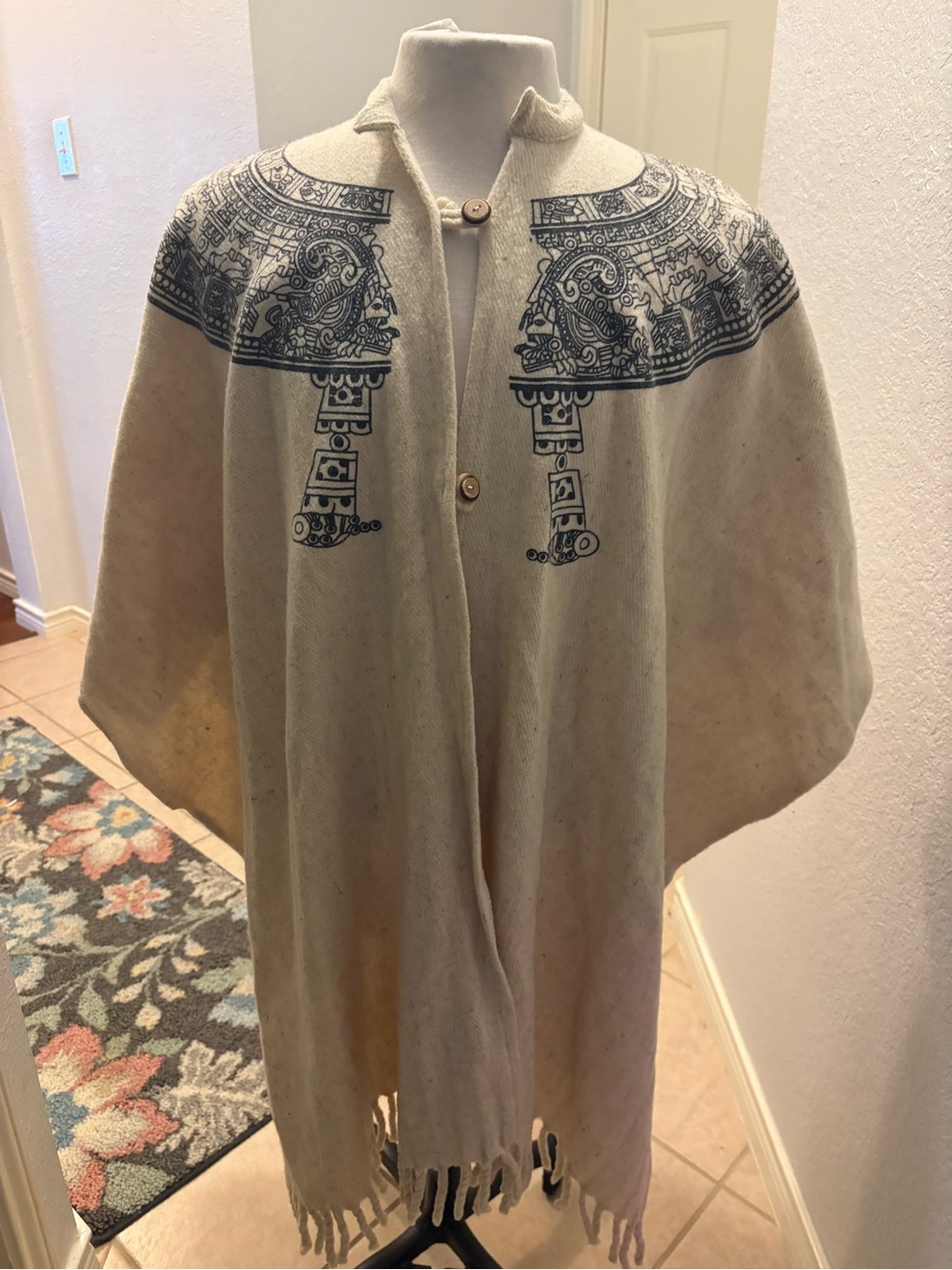 Cream Poncho with Navy Tribal Print vintage 1970’s